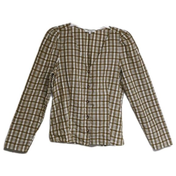 Madewell Top Women 4 Plaid 100% Cotton Button Front V-Neck Beige & White - Picture 1 of 8
